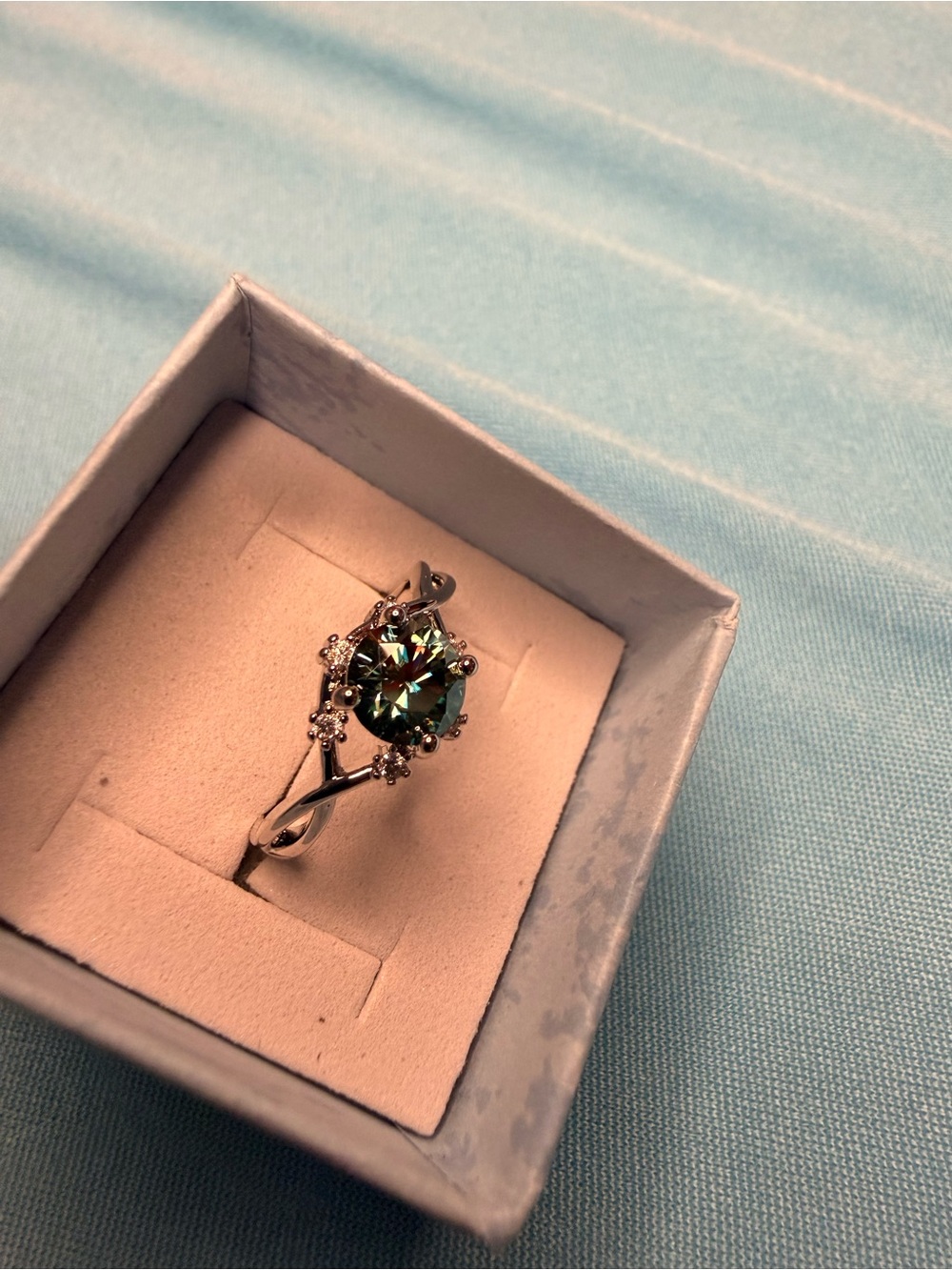 Green Round Solitaire Moissanite Ring with Accent Stones - Picture 2 of 5